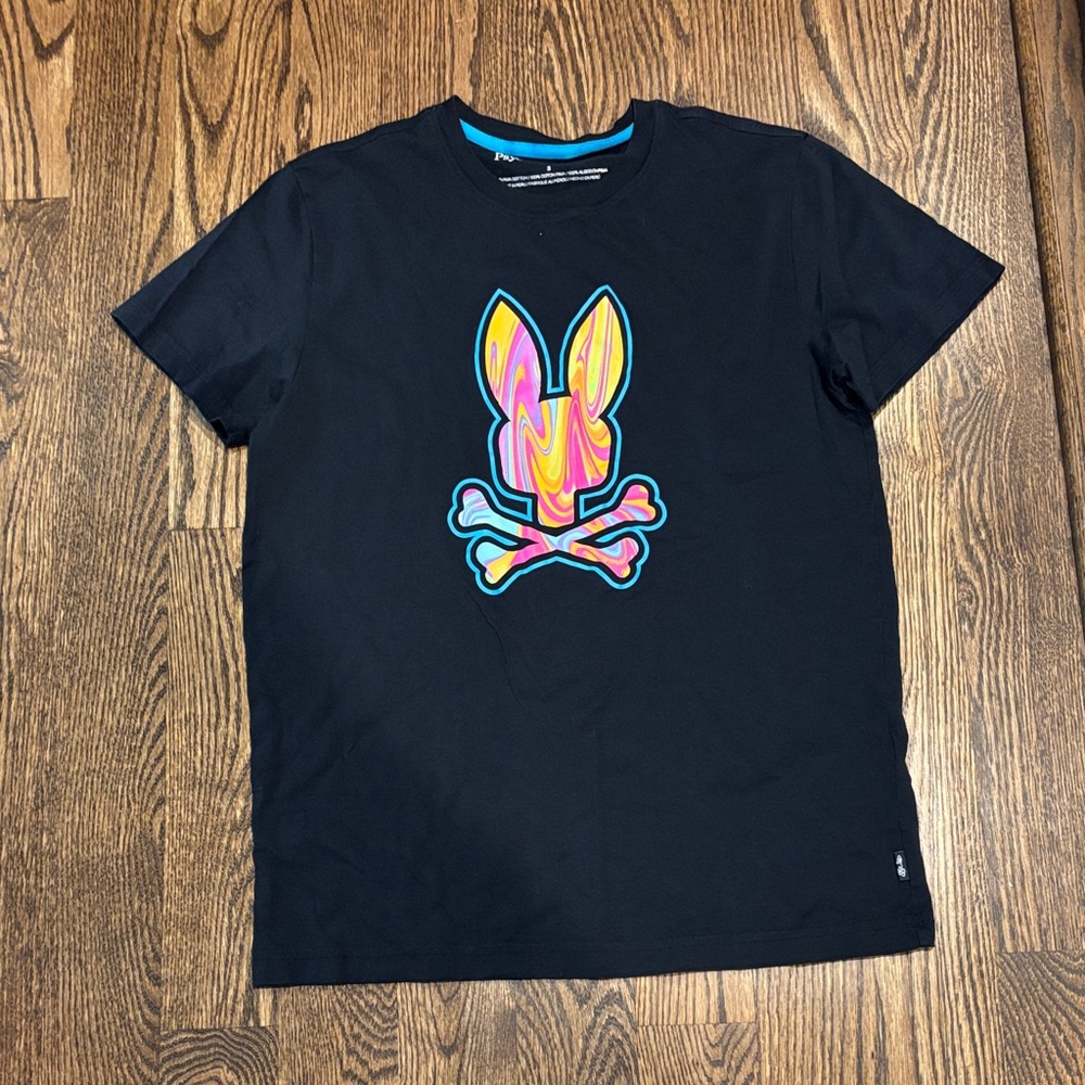 Psycho Bunny Black Tee with Neon Swirl Logo